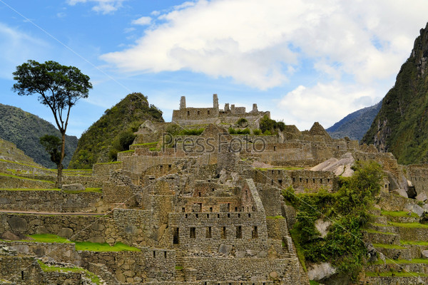 Close up detailed view of buildings in Machu Picchu. Machu Picchu is the famous lost city of the Incas near the river Urubamba located in the region of the sacred valley of Cuzco. Machu Picchu is a UNESCO world heritage site and one of the 7 new world won