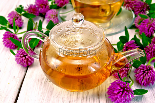 Herbal tea with clover flowers in a glass cup and teapot on background light wooden boards