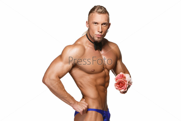 the very muscular handsome sexy guy  with butterfly and flowers on white background, naked  torso. the concept of a ladies\' man
