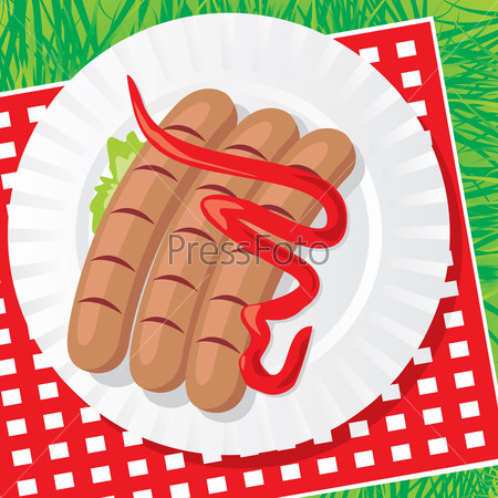 image of a plastic plate with three sausages on the background of napkins and herbs