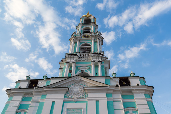 Sergiev Posad, Russia - March 28, 2015. Belfry in the territory of St. Sergius of Radonezh at The Holy Trinity St. Sergius Lavra - the largest Orthodox Monastery in Russia.