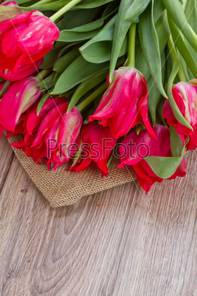 spring  red tulips laying on wooden table
