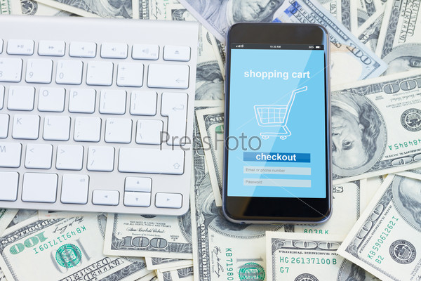 mobile shopping concept - virtual  virtual shop on phone screen