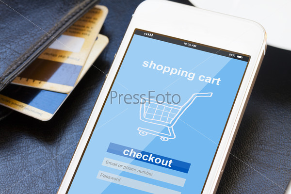 mobile shopping concept  -  virtual shop on phone screen with credit cards