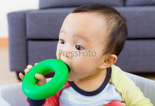 Asian baby boy biting toy