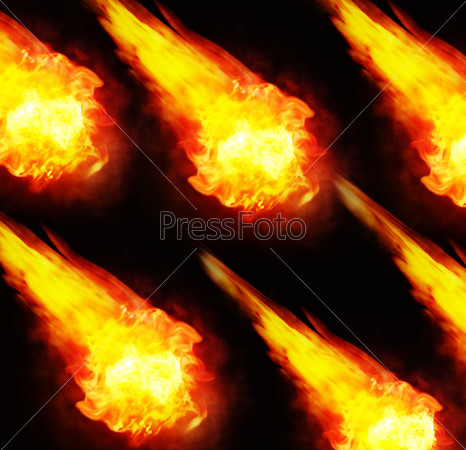 meteor rain. red and yellow ball of fire, fireballs isolated on black background