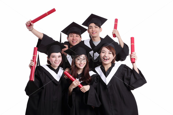 group of happy graduates student isolated on white background, asian