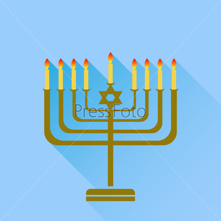 Vector Jewish Holiday Hanukkah. Menorah Burning Candles Isolated on Blue Background.
