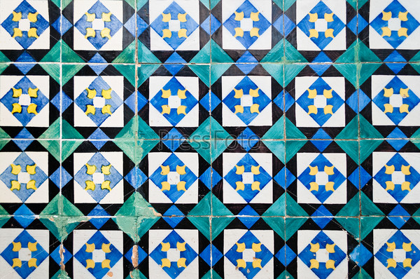 Ornamental Portuguese tiles (Azulejos) at a facade in Lisbon, Portugal