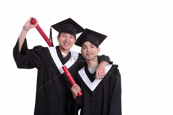 Two happy graduates student isolated on white background, asian