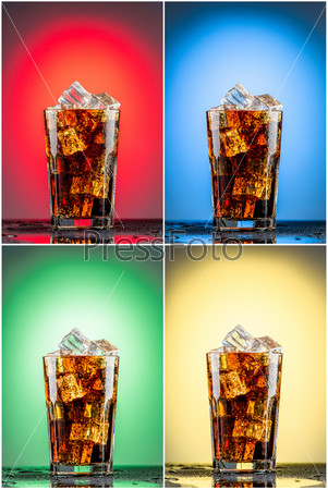 Glass with cola  and ice. collection of red, blue, green and yellow backgrounds
