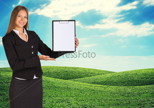 Young woman holding paper holder with nature on background
