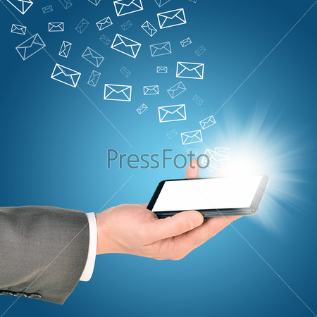 Business man using mobile phone within right hand. Sending and getting emails