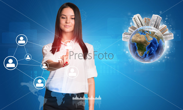 Young woman looking forward at her pointer finger of right hand