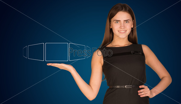 Businesswoman advisor with outstretched right arm with empty squares above hand