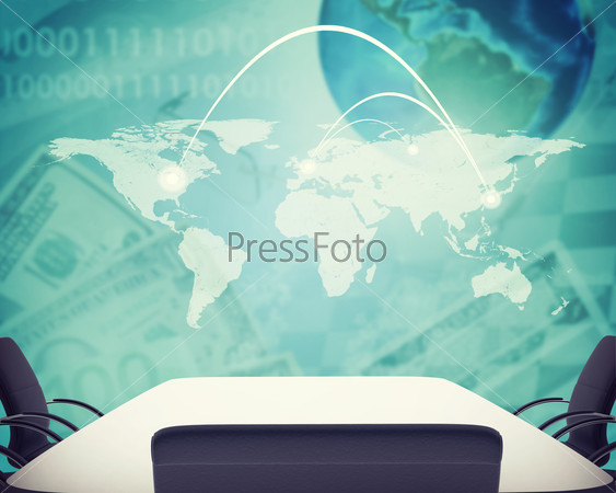Business office on abstract background with money. Virtual world map with connected points. Elements of this image furnished by NASA