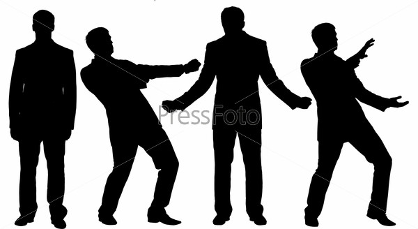 Black silhouettes of businessman standing in different postures, face and profile views, stock photo