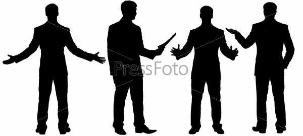 Black silhouettes of businessman standing in different postures, making speech, reading document