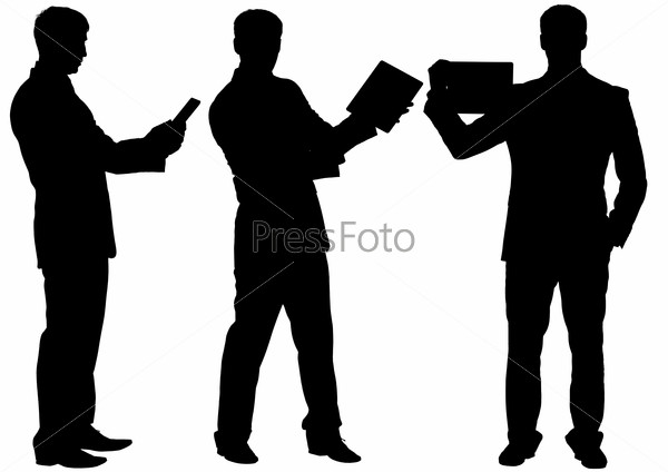 Silhouettes of businessman making speech in different postures and advertising