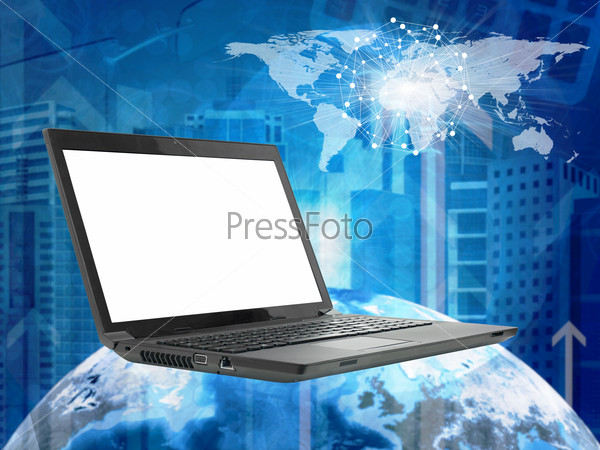 Laptop with earth model on abstract cityscape