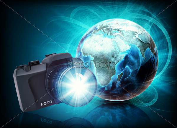 Earth and camera in haze on abstract blue background. Elements of this image furnished by NASA