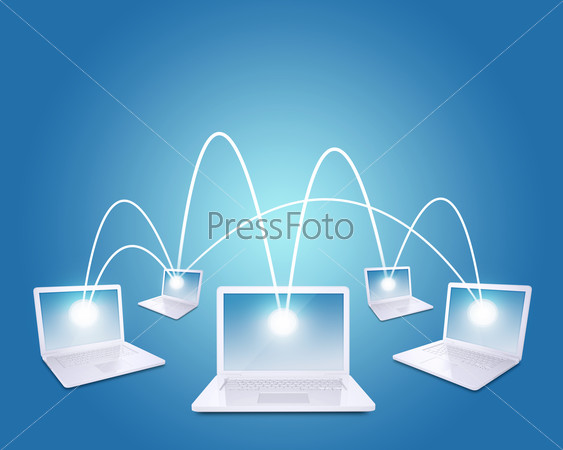 Set of connected laptops on blue background, front view