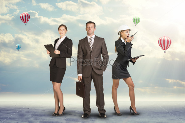 Young attractive business people with women talking on radio set, looking at camera on abstract background