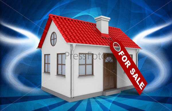 Home for sale real estate sign and small house on abstract blue background
