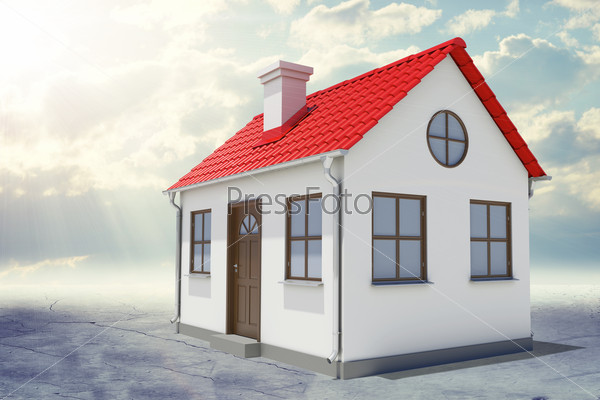 Small house with red roof and sun on abstract grey sky background, stock photo