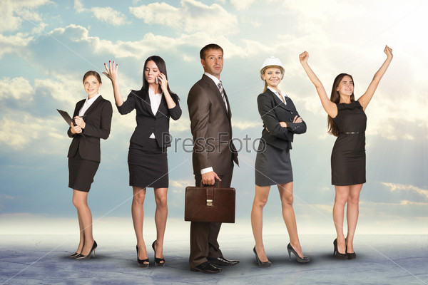 Group of business people with businessman leader profile on foreground in abstract background