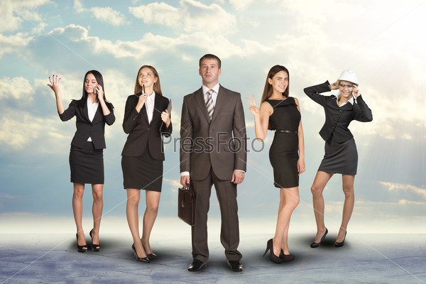 Group of business people with businessman leader on foreground in abstract background