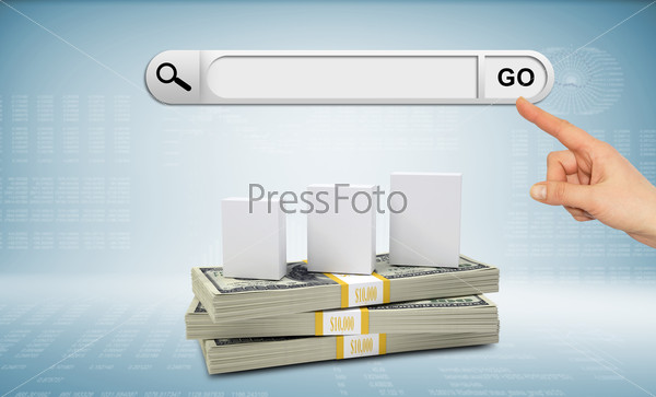 Bundle of money, pointer finger, search field and white boxes on abstract blue background , stock photo