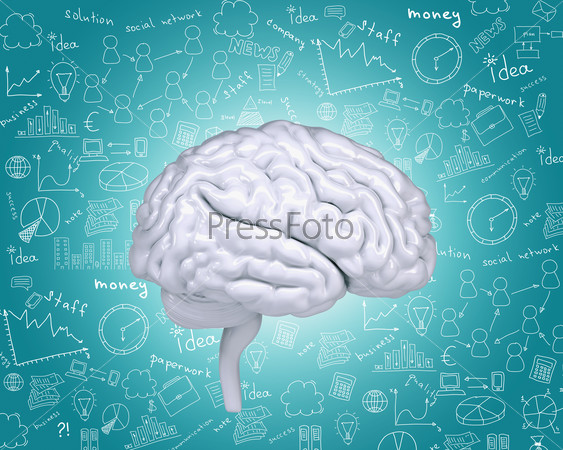 Human brain on abstract blue background with sketches
