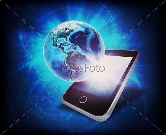 Glowing Earth with mobile phone on abstract blue background. Elements of this image furnished by NASA