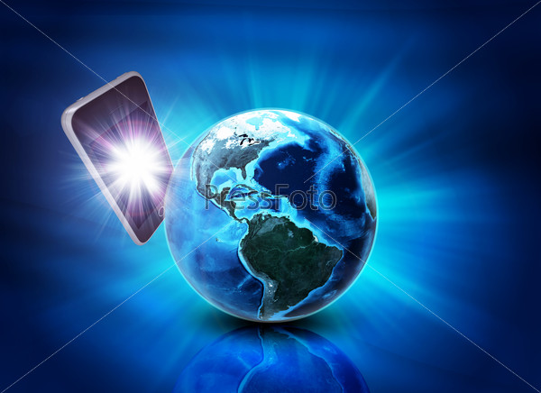 Mobile phone behind earth on abstract blue background. Elements of this image furnished by NASA