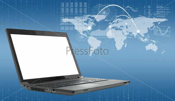 Laptop on abstract blue background with map and hot spots. Virtual world map.