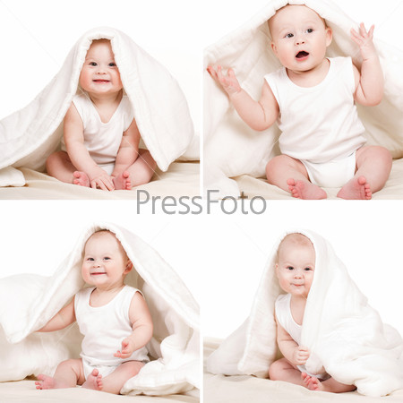 Adorable baby, looking out under a white blanket/towel. child under blanket. Little baby under white towel. collage. series
