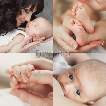 Close-up of baby\'s hands and feet collage. Mother holding baby. Baby\'s feet. collage newborn. baby in mom\'s hands. Mother and baby