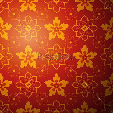 Chinese flower pattern background. Illustration for your fashion design. Endless eastern red and yellow ornamental. Raster version.