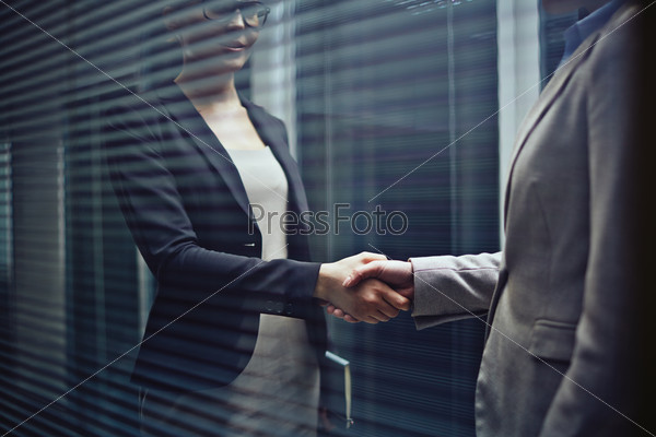 Close-up of two businesswomen handshaking