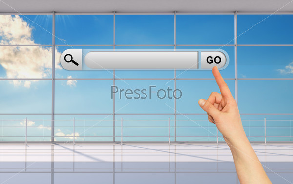 Pointer finger with search field on blue sky with bright sun background, interior view
