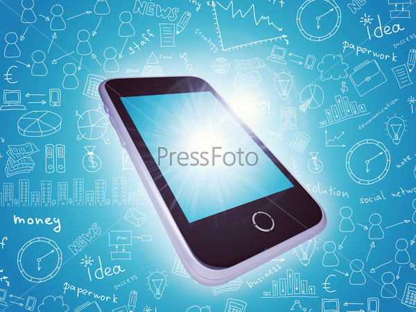 Black cell phone on abstract blue background with different symbols