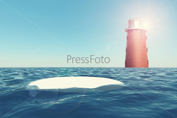 Small island in sea with lighthouse and sun, nature background