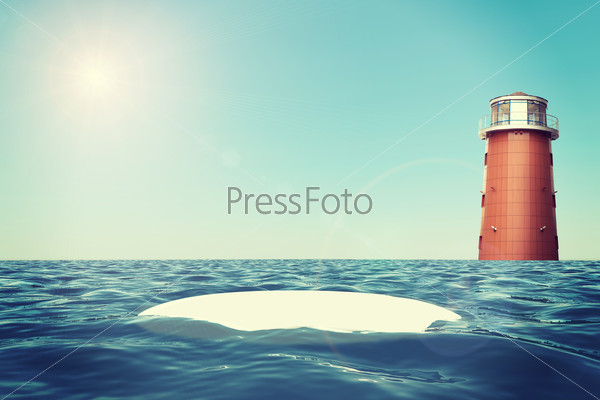 Small island in sea with lighthouse, nature background