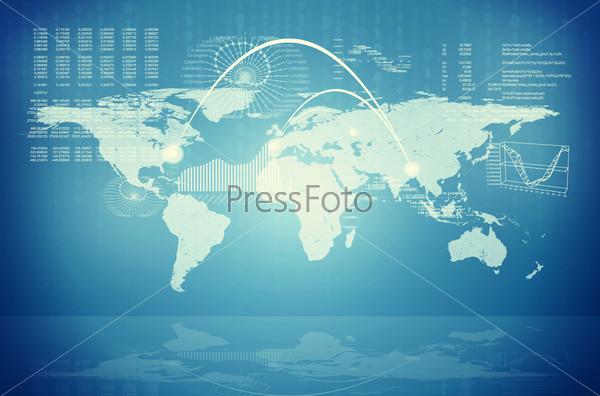 Abstract blue background with world map, connected points and graphical charts