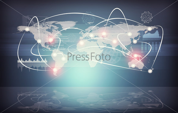Abstract grey background with world map, red connected points and reflection