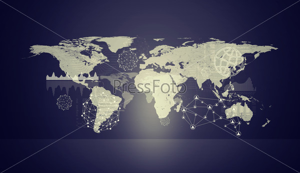 Violet holographic screen with molecule model and world map. Virtual background