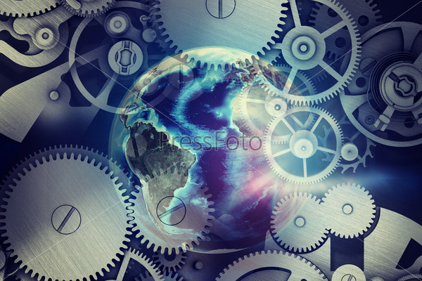 Colorful abstract background with watchwork and world model. Elements of this image furnished by NASA