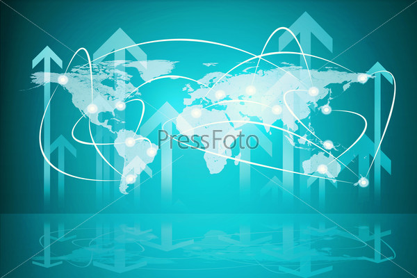 Abstract blue background with world map, arrows up, connected points and reflection