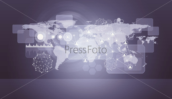 Violet holographic screen with world map. Virtual background